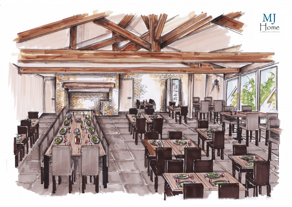 DESSIN COULEUR SALLE DE RESTAURANT avec logo